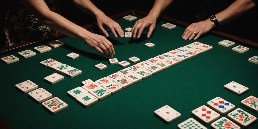 Mahjong table with scattered tiles and reaching hands.