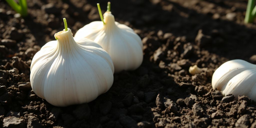 Reifende Knoblauchzehen wachsen im Boden.
