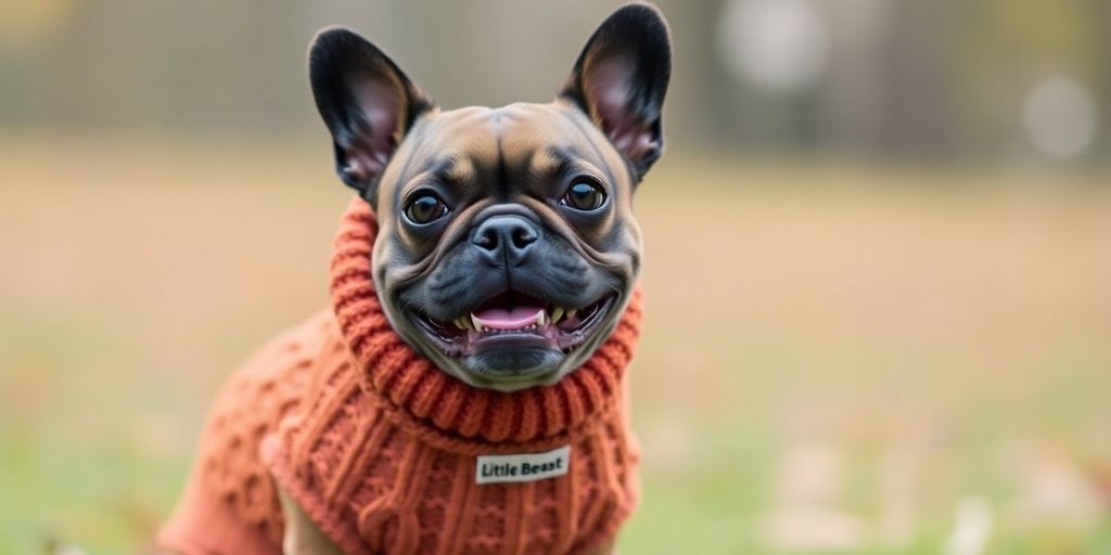 Small dog wearing a stylish Little Beast sweater.