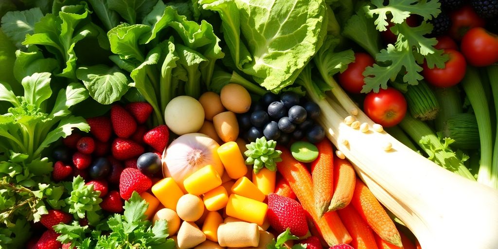 Vibrant vegetables and fruits arranged attractively.