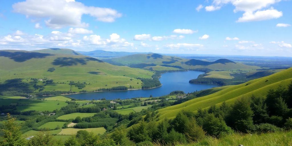 Scenic view of lush hills and tranquil lake in the UK.