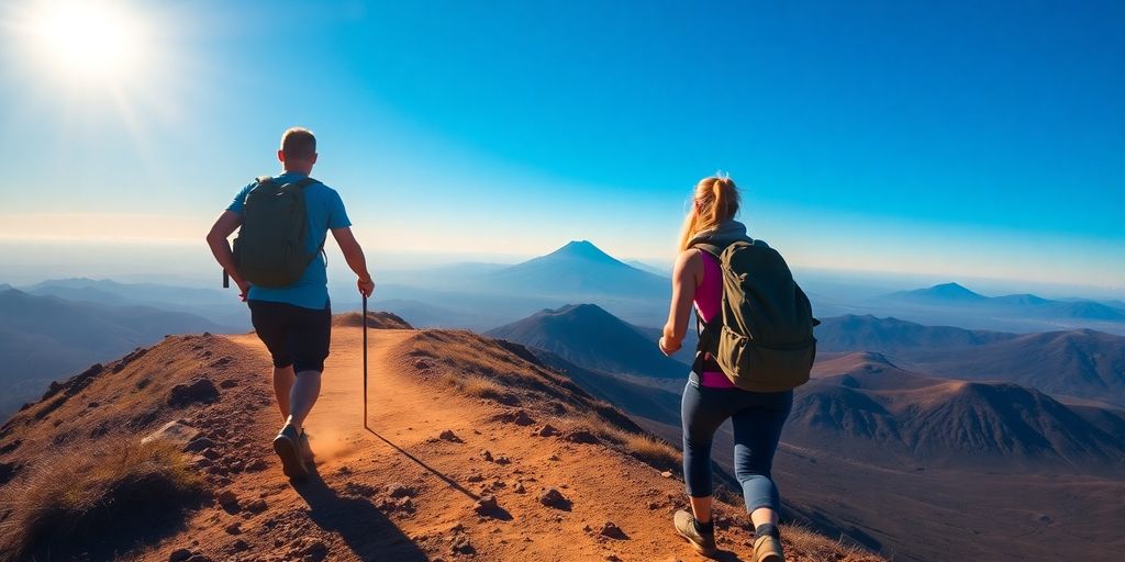Hikers on Rinjani volcano trail, scenic view