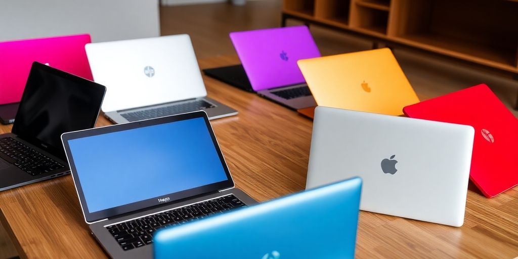 Vários laptops em uma mesa de madeira.