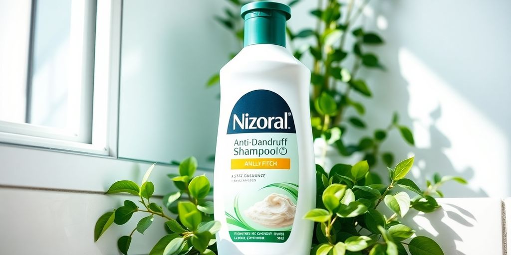 Nizoral Anti-Dandruff Shampoo bottle on a bathroom shelf.