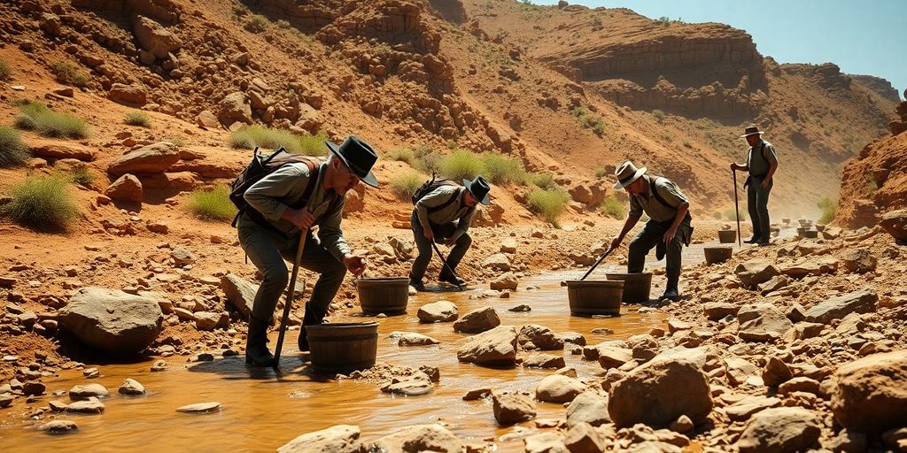 Prospecteurs cherchant de l'or dans une rivière rocailleuse.