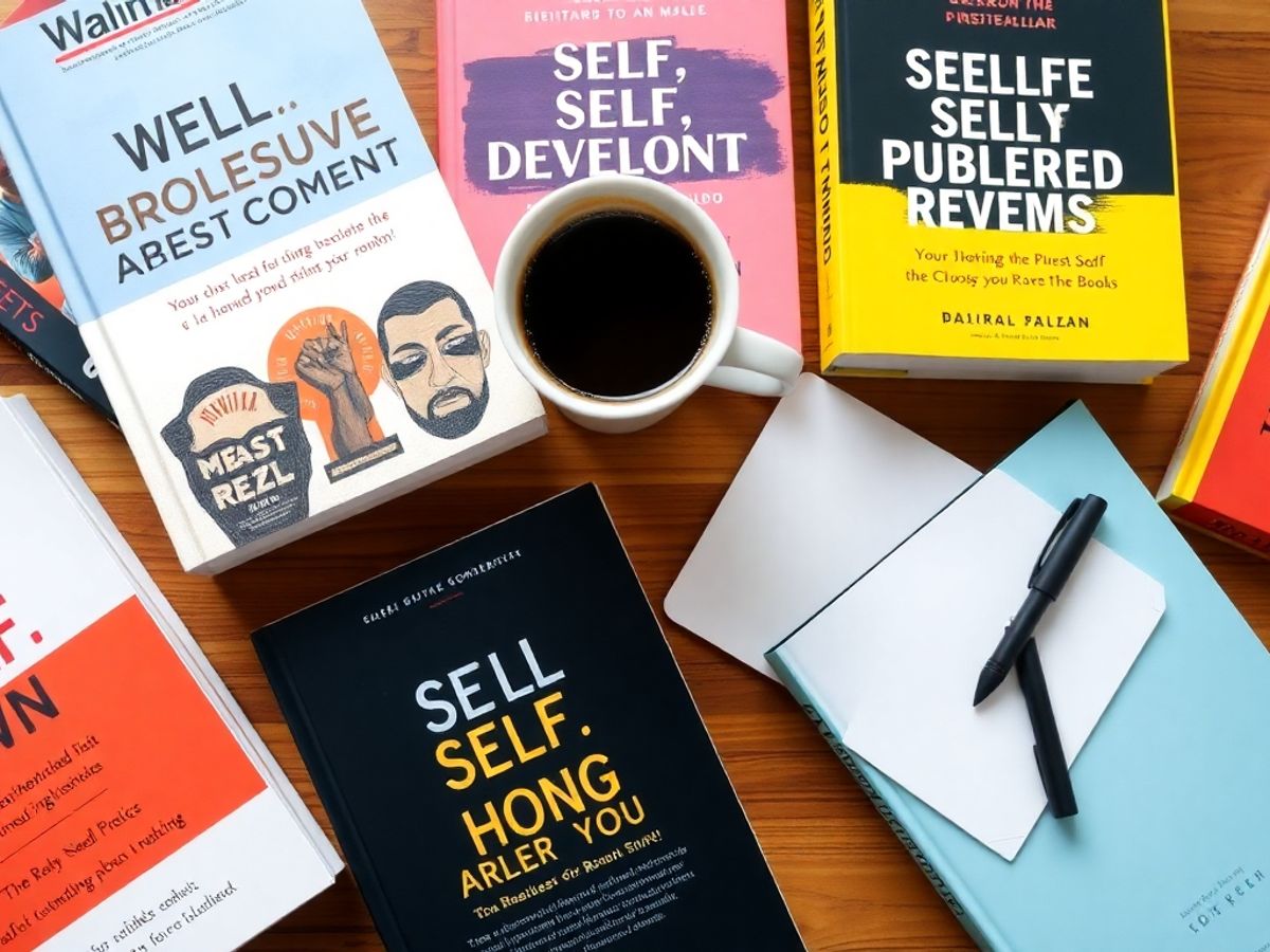 Colorful self-development books and coffee on a table.