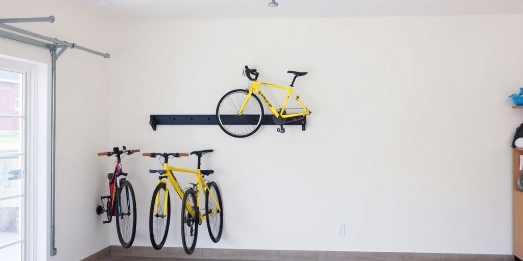 Garage with wall-mounted bike rack and colorful bikes.