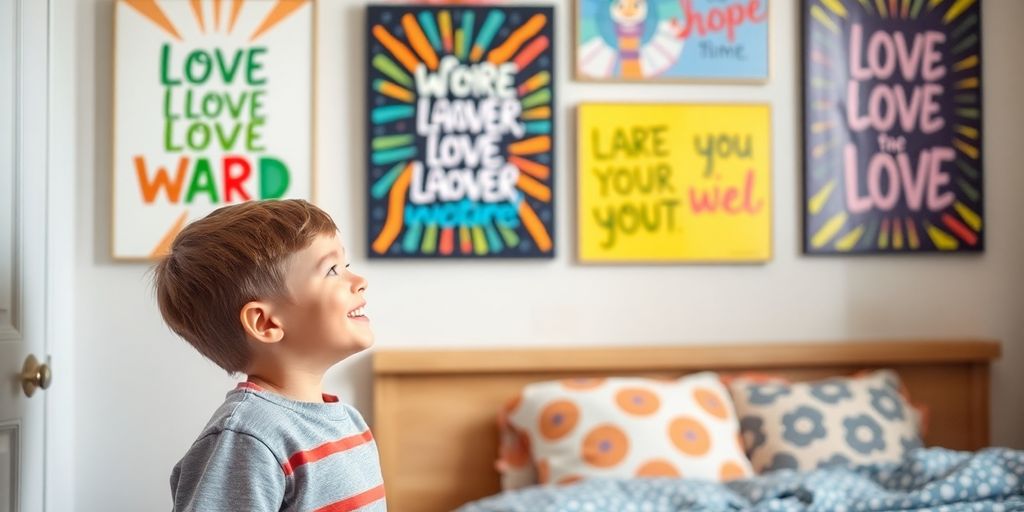 Boy enjoying motivational wall art in his room.