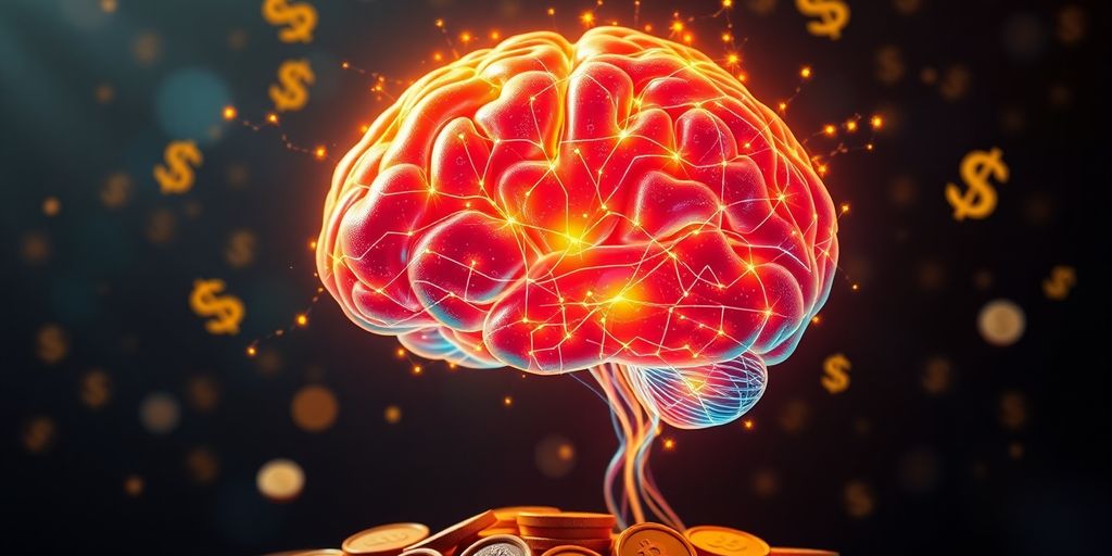 Brain with neural connections and wealth symbols around it.