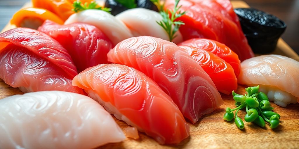 Assorted nigiri and sashimi artfully arranged on a wooden board.