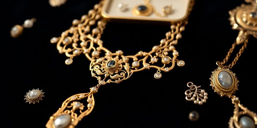 Bijoux hérités en or sur un fond sombre.