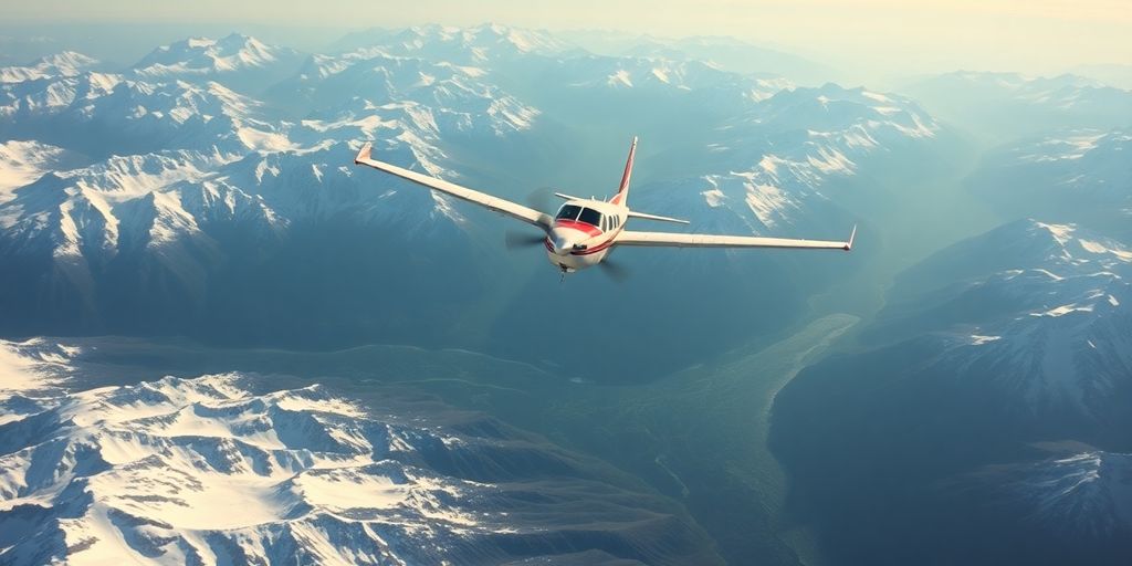 A small airplane flies over vast snow-covered Alaskan mountains.
