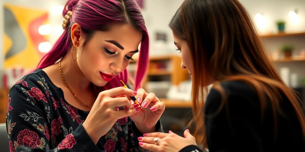 Artista de unhas pintando desenhos coloridos com dedicação.