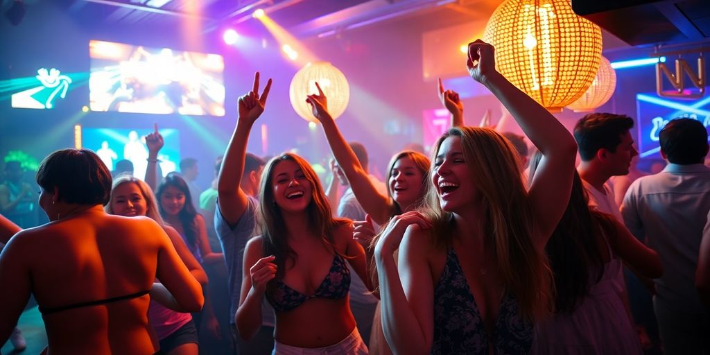 Enthusiastic group dancing at a vibrant Cabo nightclub.