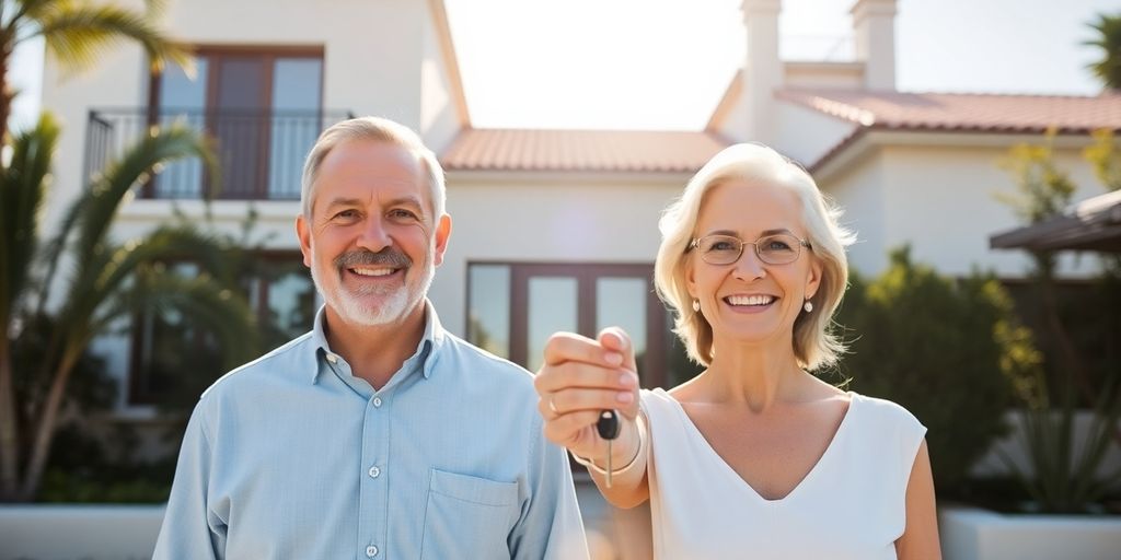 Retiree couple receiving keys to a Portuguese home.