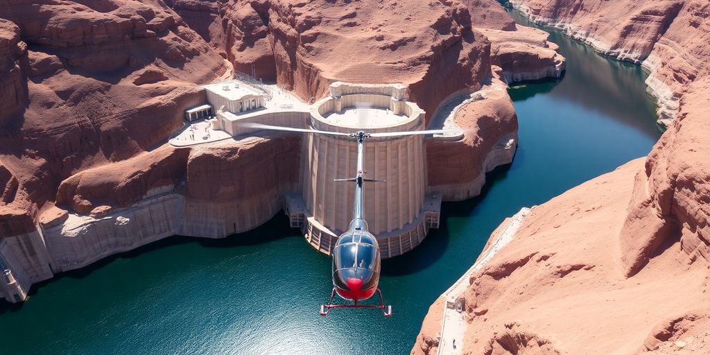 A helicopter flying over the Hoover Dam and Lake Mead.