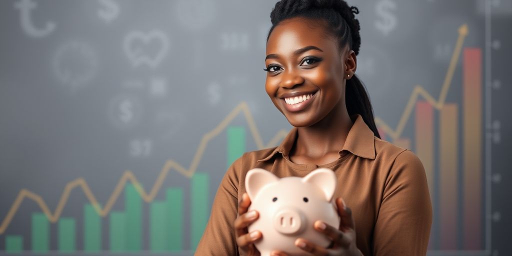 Black woman holding piggy bank with financial charts. financial independence.