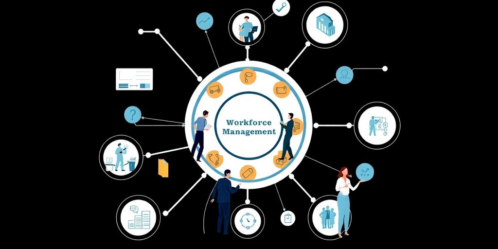 Business professionals collaborating around a modern office table.