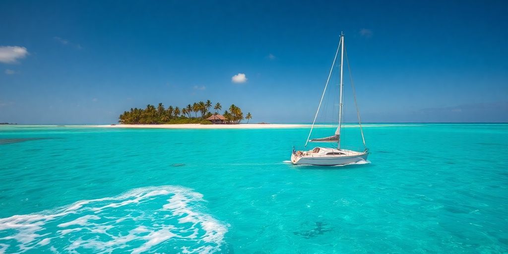 Sailboat on turquoise water near palm-lined shore.