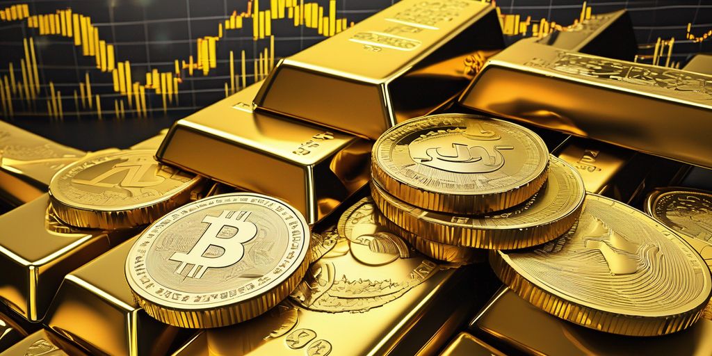 gold bars and coins with fluctuating stock market graph in the background