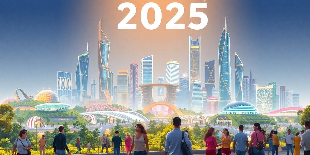 Futuristic city skyline with green spaces and vibrant activity.