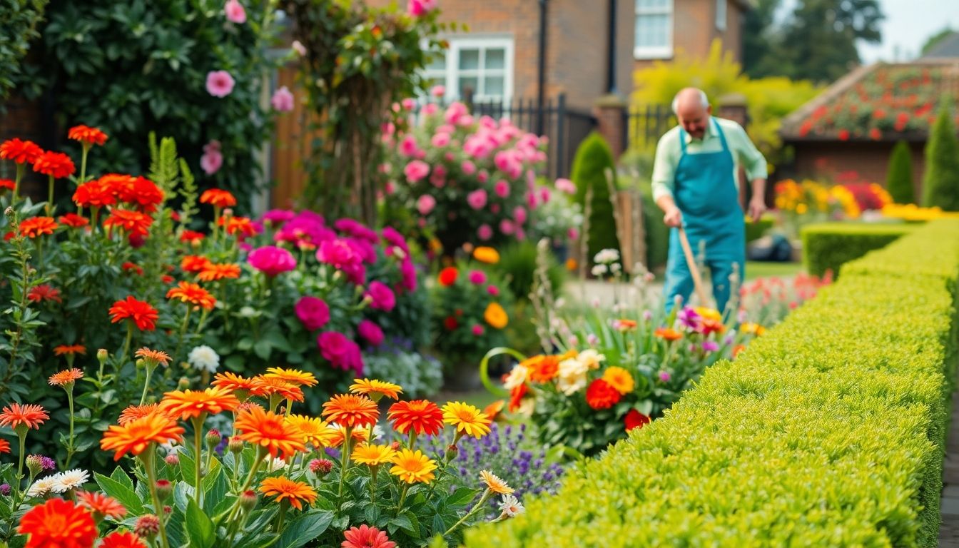 A gardener working in a beautiful London garden.