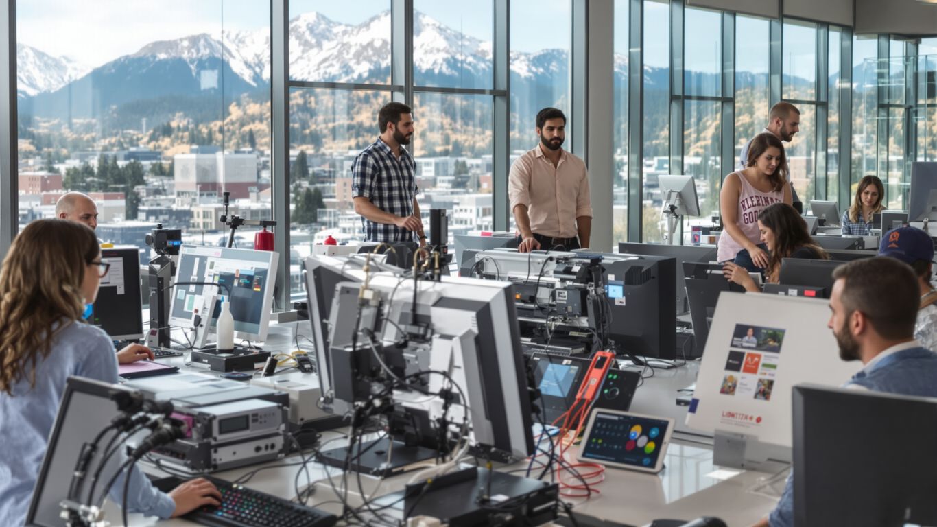 Utah office with people working on computers and mountains visible