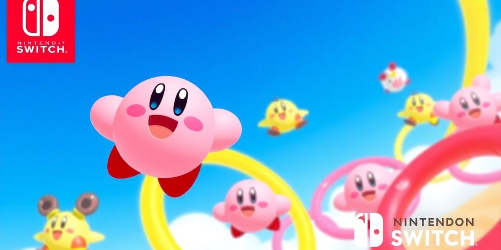 Kirby et ses amis volant dans des anneaux colorés sur fond de ciel bleu.