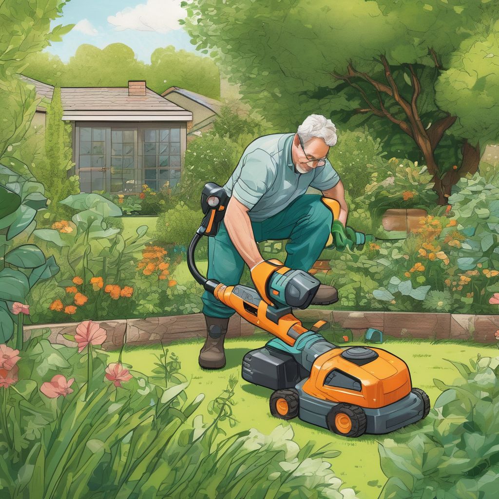 gardener using electric and battery-powered tools in a lush, eco-friendly garden