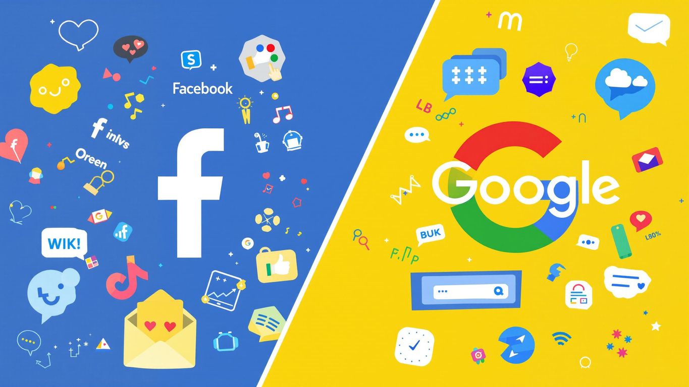 Logoer fra Facebook og Google mot fargerike bakgrunner.