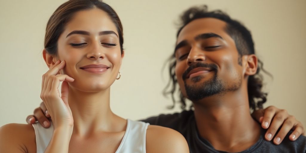 Couple meditating, embracing sensuality and confidence.