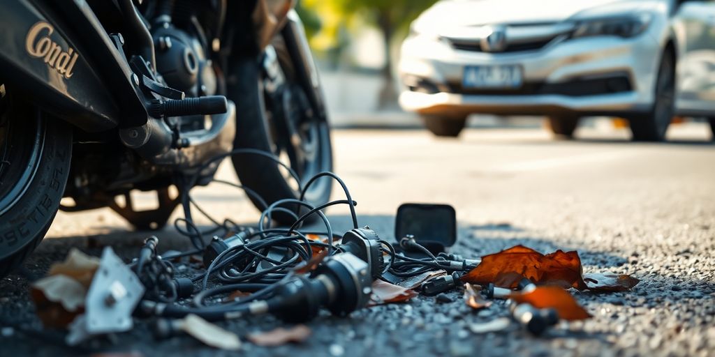 Motorcycle accident scene with damaged bike