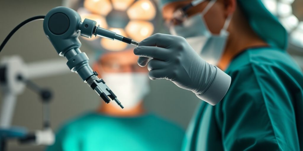 Surgeon operating robotic instruments in a surgical room.