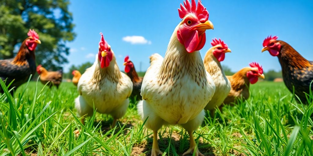 Healthy meat chickens in a sunny green pasture.