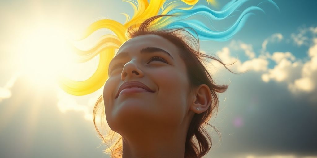 Person with bright, positive thoughts, dark thoughts fading.