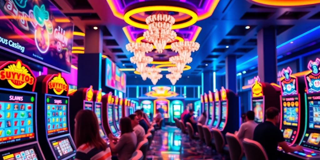 Digital casino with colorful machines and exciting atmosphere.