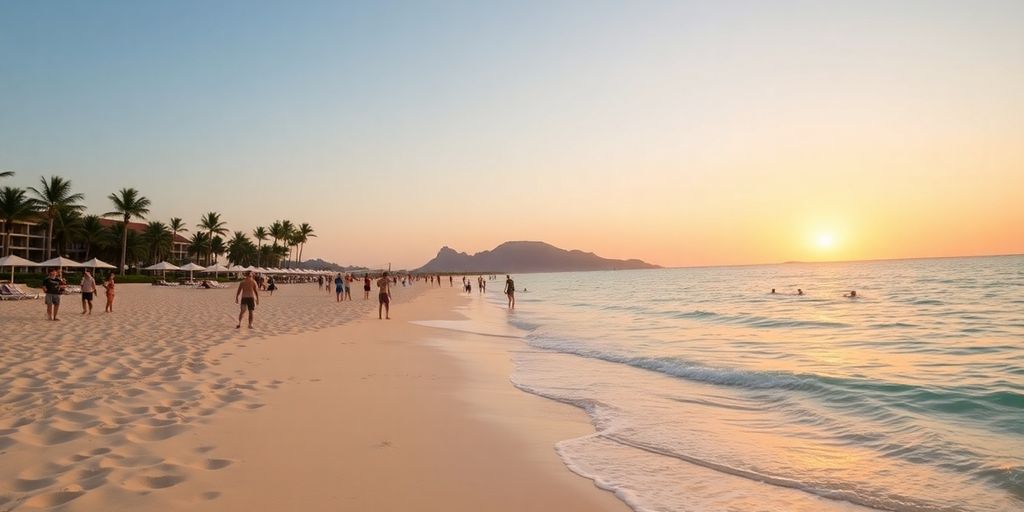 Beachfront view with volleyball and snorkeling activities at sunset.