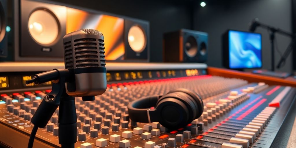Soundboard with lights, microphone, headphones.