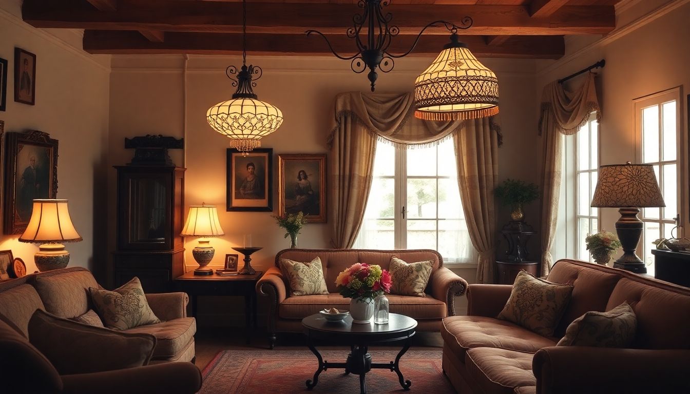 Vintage living room with elegant antique lampshades.