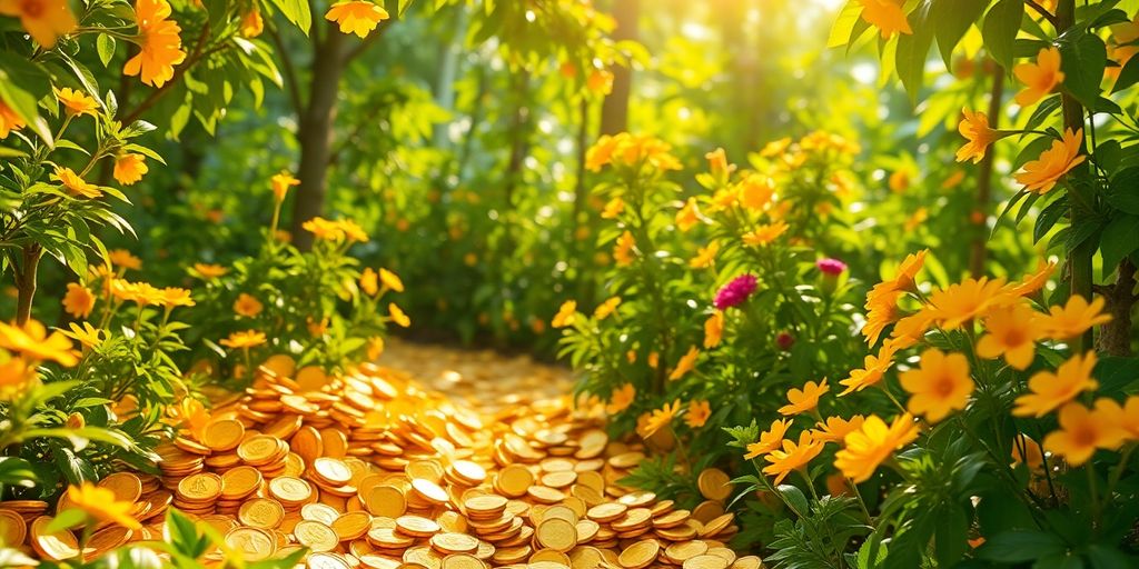 Vibrant garden filled with coins and blooming flowers.