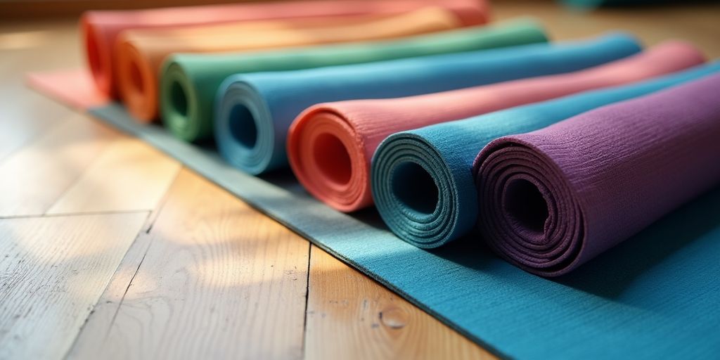 Verschiedene Yogamatten in unterschiedlichen Dicken und Farben.