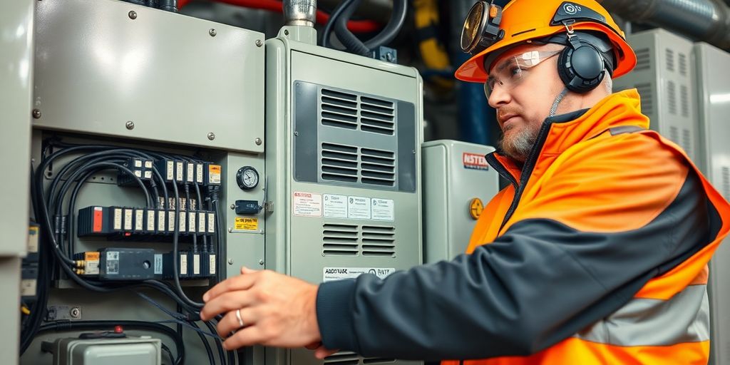 Operator inspecting electrical components on heavy machinery.