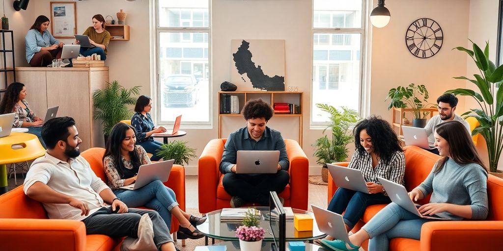 Diverse people collaborating in creative remote workspaces.