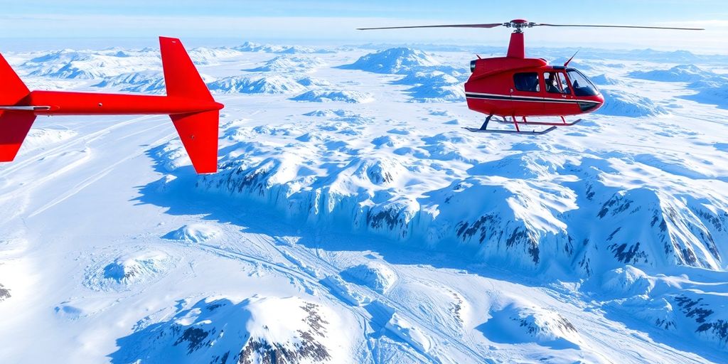 A red helicopter flies over a vast Alaskan glacier.