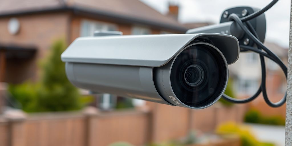 Wired CCTV camera with visible cables on a wall.