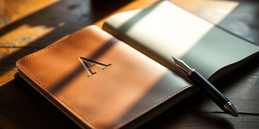 Open personalized journal on a wooden desk.
