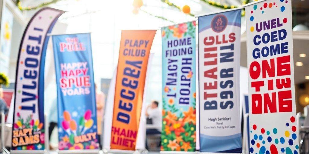 Vibrant custom banners displayed at an outdoor event.