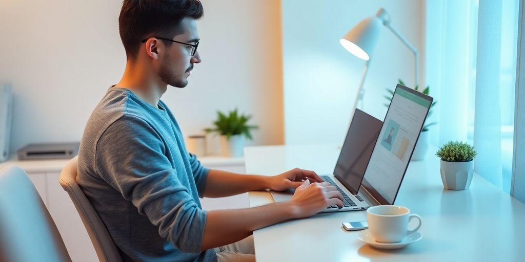 Person working on a laptop in a cozy workspace.