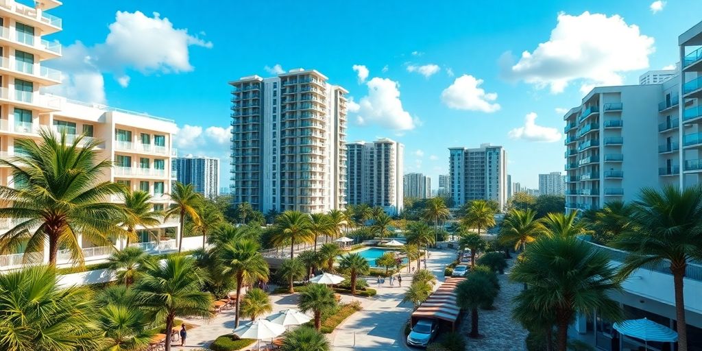 Vibrant Aventura scene with luxury condos and palm trees.