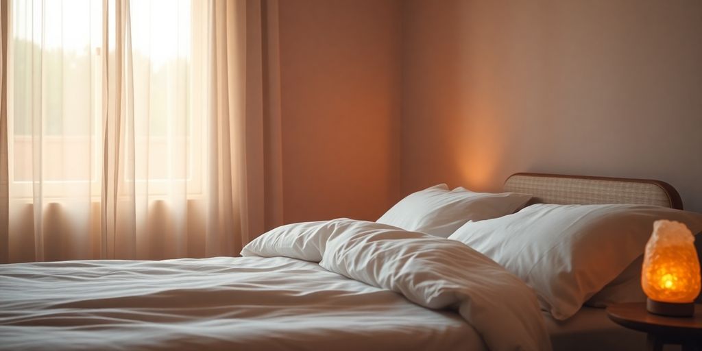 Peaceful bedroom scene with soft lighting